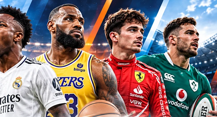 Campanha desportiva com futebol, basquetebol, automobilismo e rugby